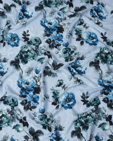 Powder Sky Blue Floral Silk Satin Fabric 110cm