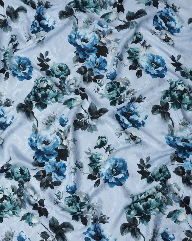 Powder Sky Blue Floral Silk Satin Fabric 110cm