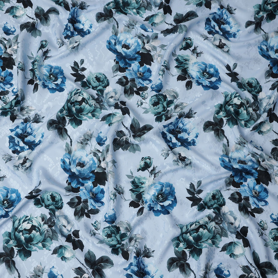 Powder Sky Blue Floral Silk Satin Fabric 110cm