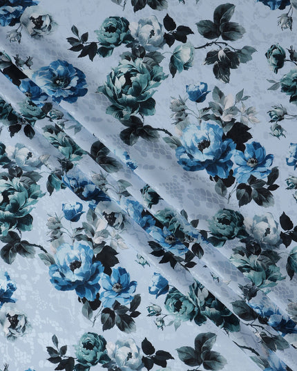 Powder Sky Blue Floral Silk Satin Fabric 110cm