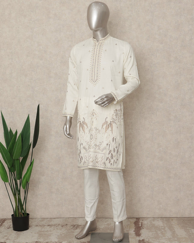 White Silk Men's Kurta Pajama - D29311
