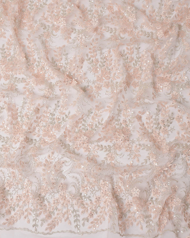 Peach Floral Sequin & Thread Embroidered Nylon Tulle Fabric, 140 cm Width, Made in China-D26632