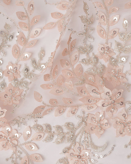 Peach Floral Sequin & Thread Embroidered Nylon Tulle Fabric, 140 cm Width, Made in China-D26632