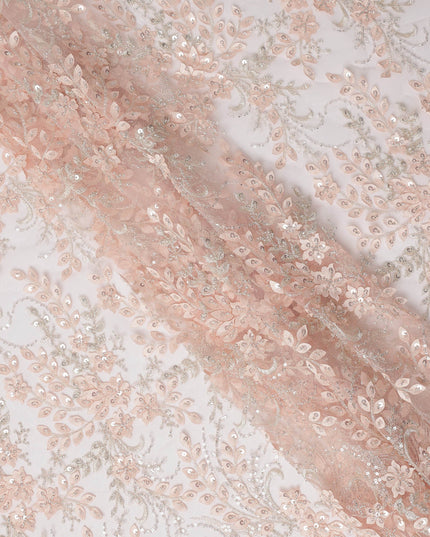 Peach Floral Sequin & Thread Embroidered Nylon Tulle Fabric, 140 cm Width, Made in China-D26632