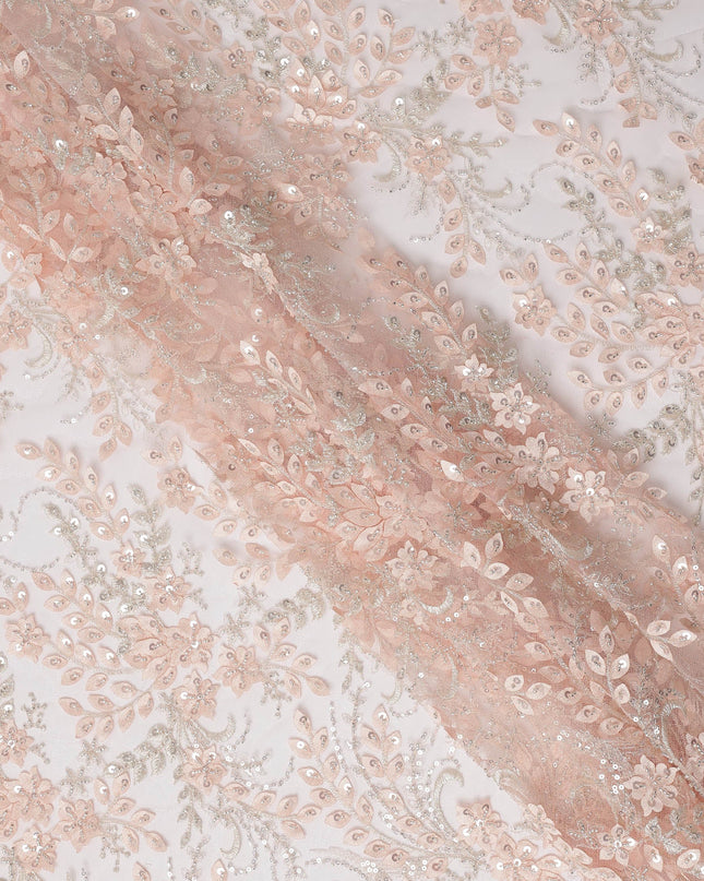 Peach Floral Sequin & Thread Embroidered Nylon Tulle Fabric, 140 cm Width, Made in China-D26632