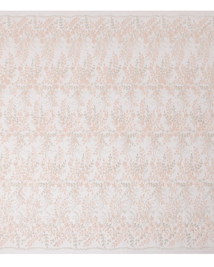 Peach Floral Sequin & Thread Embroidered Nylon Tulle Fabric, 140 cm Width, Made in China-D26632