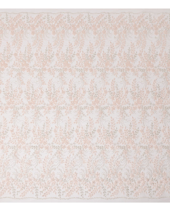 Peach Floral Sequin & Thread Embroidered Nylon Tulle Fabric, 140 cm Width, Made in China-D26632