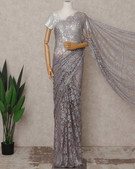 Silver Grey Premium French 2-Tone Chantilly Lace Saree – 5.5 Meters Length, 110 Cms Width, Crafted in France-D26088