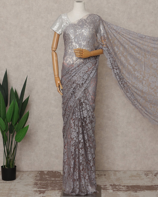 Silver Grey Premium French 2-Tone Chantilly Lace Saree – 5.5 Meters Length, 110 Cms Width, Crafted in France-D26088