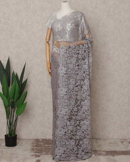 Silver Grey Premium French 2-Tone Chantilly Lace Saree – 5.5 Meters Length, 110 Cms Width, Crafted in France-D26088