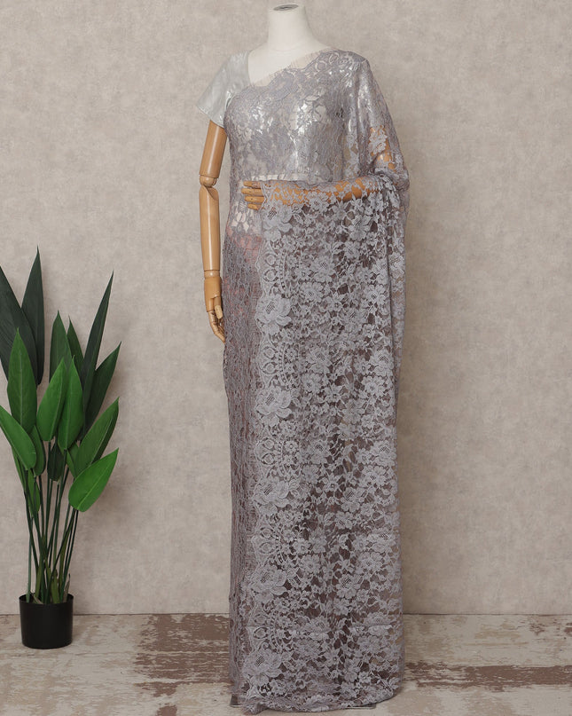 Silver Grey Premium French 2-Tone Chantilly Lace Saree – 5.5 Meters Length, 110 Cms Width, Crafted in France-D26088