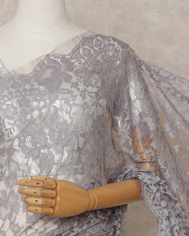 Silver Grey Premium French 2-Tone Chantilly Lace Saree – 5.5 Meters Length, 110 Cms Width, Crafted in France-D26088