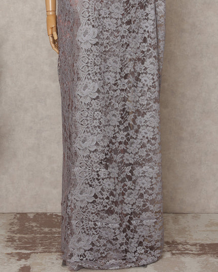 Silver Grey Premium French 2-Tone Chantilly Lace Saree – 5.5 Meters Length, 110 Cms Width, Crafted in France-D26088