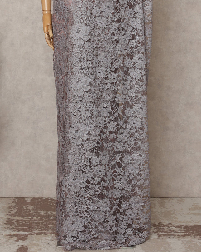 Silver Grey Premium French 2-Tone Chantilly Lace Saree – 5.5 Meters Length, 110 Cms Width, Crafted in France-D26088