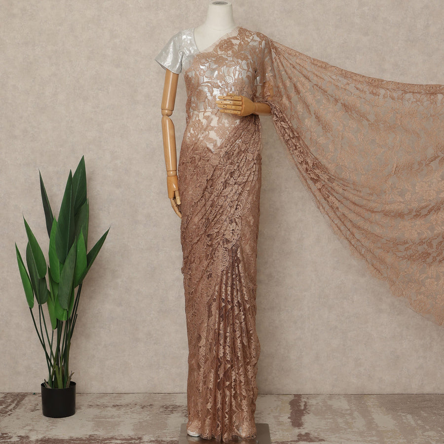 Nude Peach Premium French Chantilly Saree Lace Fabric 5.5 Meters x 110 Cms Width Elegant Floral Net Material From France Unstitched Blouse Not Included-D28160