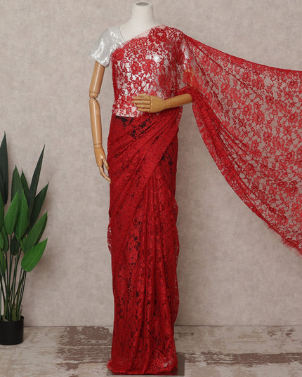 Crimson Red Premium French 2-Tone Chantilly Lace Saree – 5.5 Meters Length, 110 Cms Width, Crafted in France-D26091