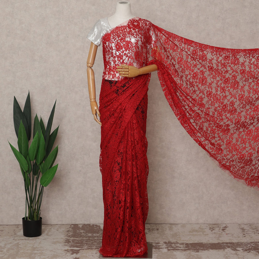Crimson Red Premium French 2-Tone Chantilly Lace Saree – 5.5 Meters Length, 110 Cms Width, Crafted in France-D26091