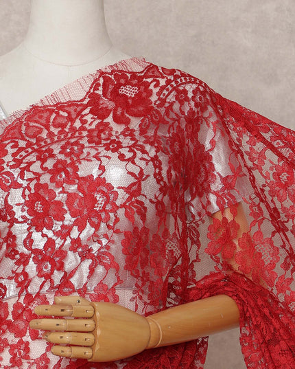 Crimson Red Premium French 2-Tone Chantilly Lace Saree – 5.5 Meters Length, 110 Cms Width, Crafted in France-D26091