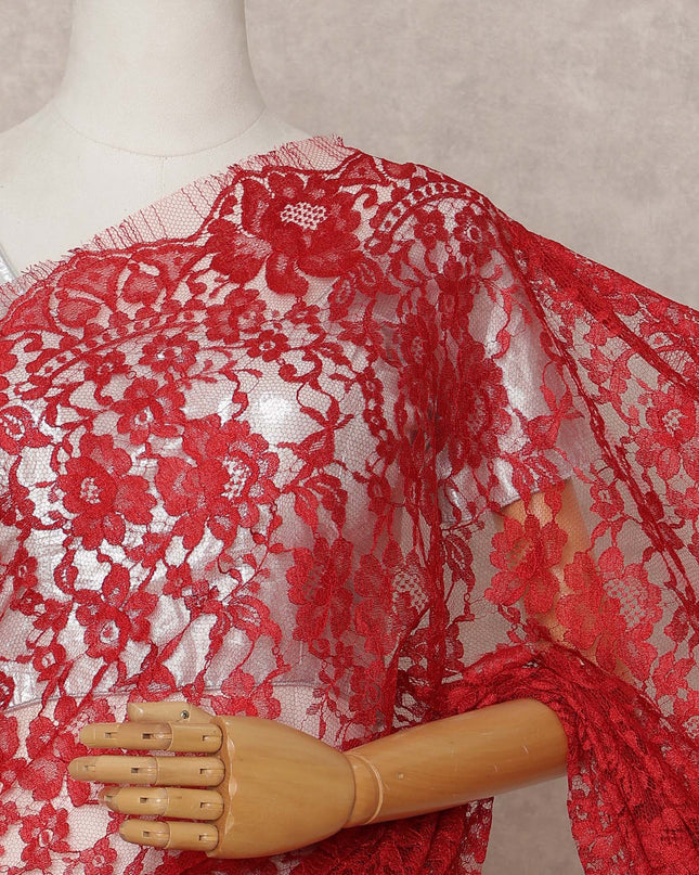 Crimson Red Premium French 2-Tone Chantilly Lace Saree – 5.5 Meters Length, 110 Cms Width, Crafted in France-D26091