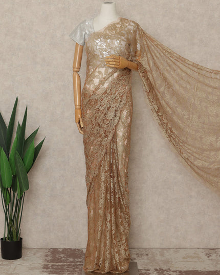 Beige Gold Premium French Chantilly Saree Lace Fabric 110 Cms Width 5.5 Meters Piece Elegant Floral Net Lace From France For Designer Sarees And Couture Draping-D27687