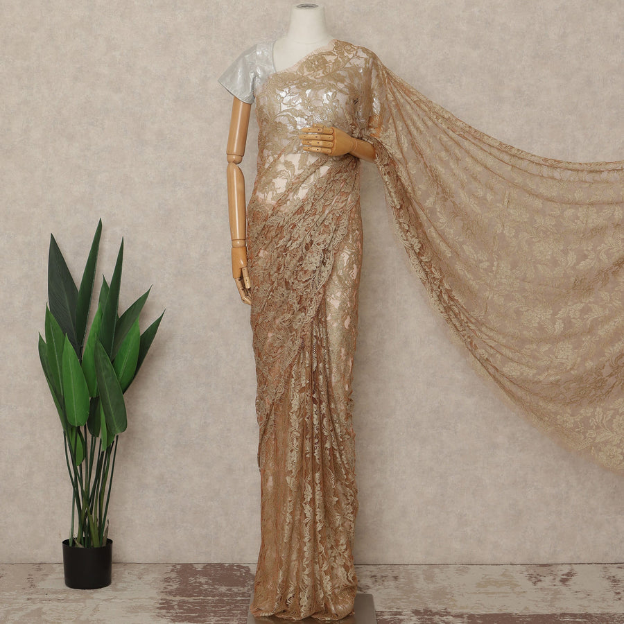 Beige Gold Premium French Chantilly Saree Lace Fabric 110 Cms Width 5.5 Meters Piece Elegant Floral Net Lace From France For Designer Sarees And Couture Draping-D27687
