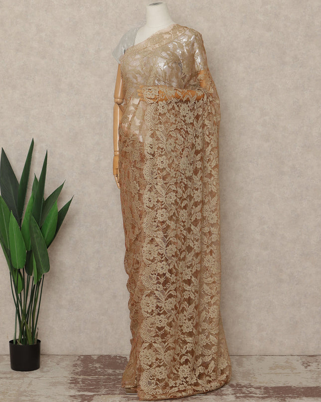 Beige Gold Premium French Chantilly Saree Lace Fabric 110 Cms Width 5.5 Meters Piece Elegant Floral Net Lace From France For Designer Sarees And Couture Draping-D27687
