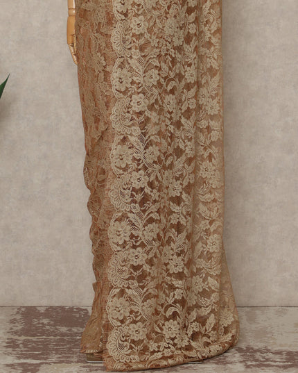 Beige Gold Premium French Chantilly Saree Lace Fabric 110 Cms Width 5.5 Meters Piece Elegant Floral Net Lace From France For Designer Sarees And Couture Draping-D27687