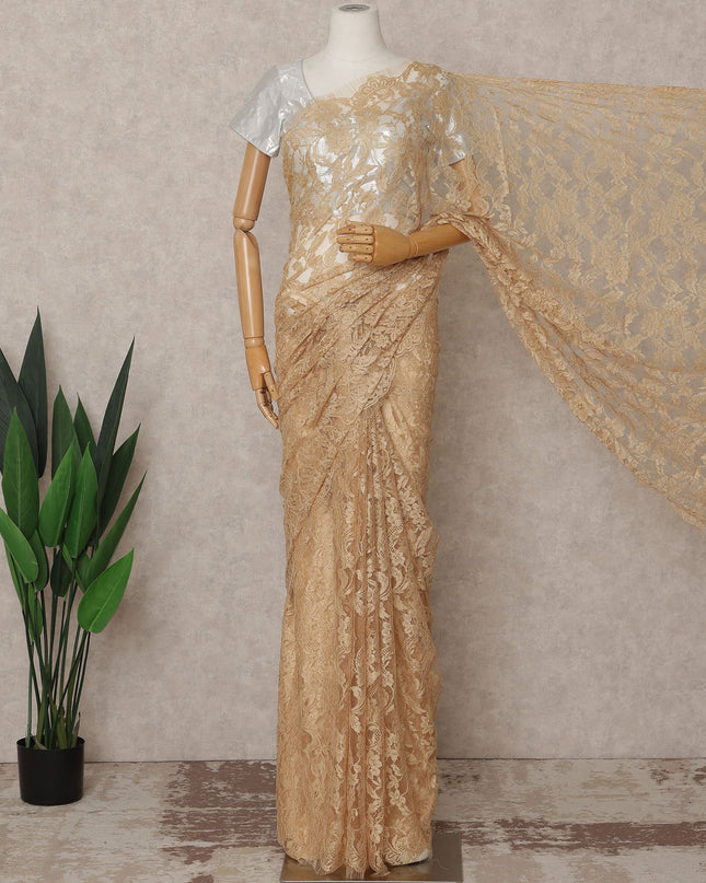 Golden Beige Premium French 2-Tone Chantilly Lace Saree – 5.5 Meters Length, 110 Cms Width, Crafted in France-D26092