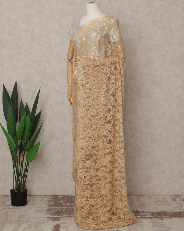 Golden Beige Premium French 2-Tone Chantilly Lace Saree – 5.5 Meters Length, 110 Cms Width, Crafted in France-D26092