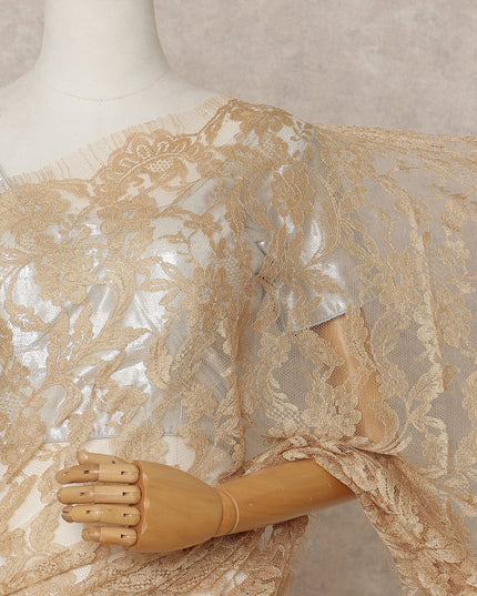 Golden Beige Premium French 2-Tone Chantilly Lace Saree – 5.5 Meters Length, 110 Cms Width, Crafted in France-D26092
