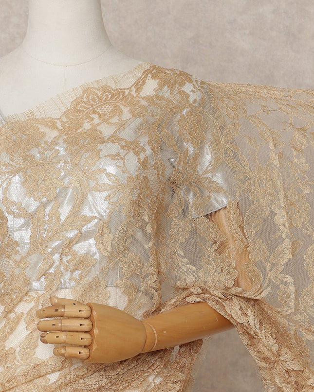 Golden Beige Premium French 2-Tone Chantilly Lace Saree – 5.5 Meters Length, 110 Cms Width, Crafted in France-D26092