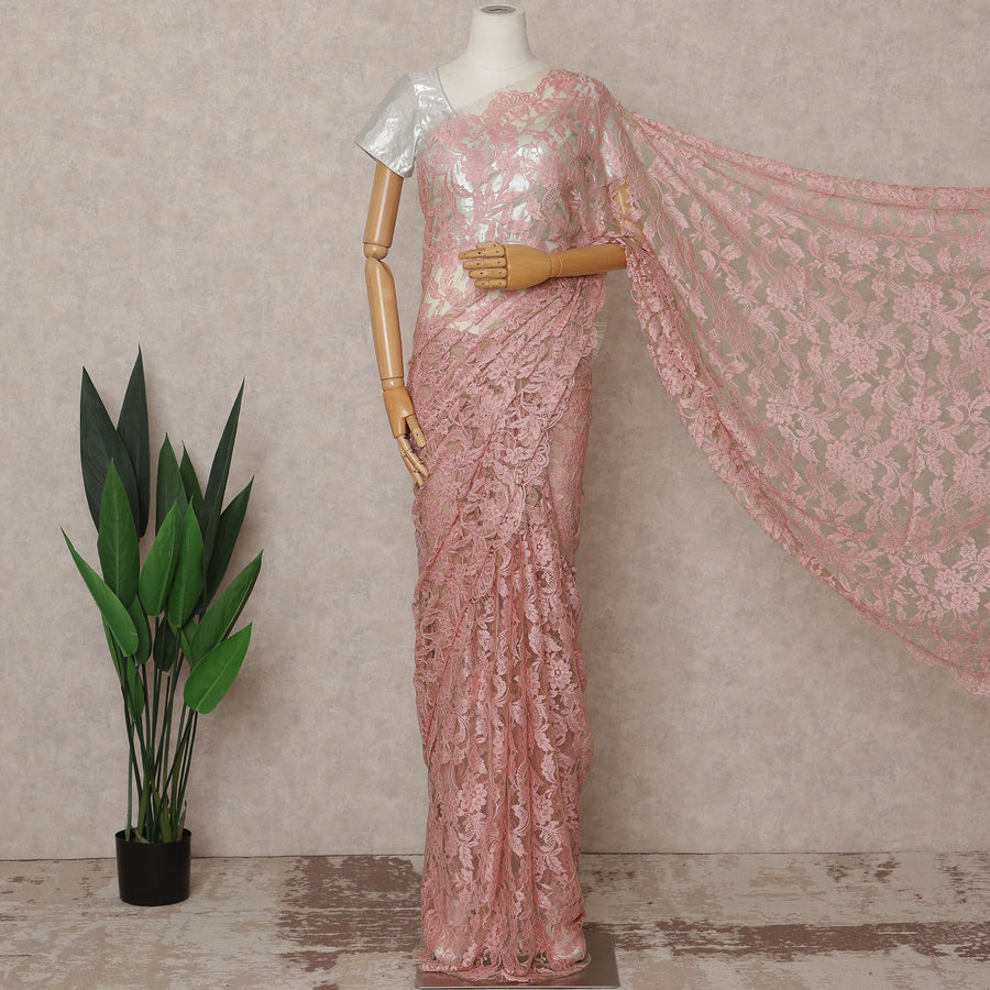 Blush Pink Premium French 2-Tone Chantilly Lace Saree – 5.5 Meters Length, 110 Cms Width, Crafted in France-D26089