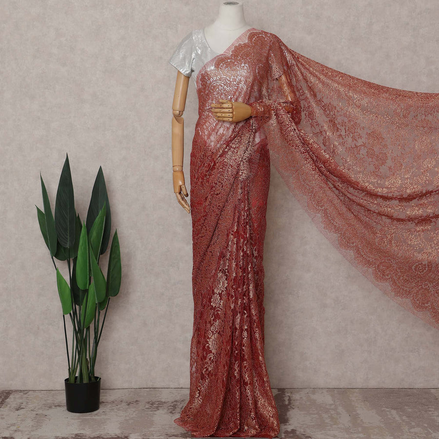 Antique Copper Metallic French Lace Saree Fabric