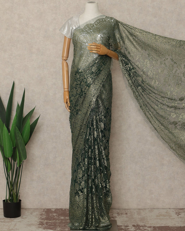 Green Premium French Metallic Chantilly Saree Lace Fabric 110 Cms Width 5.5 Meters Piece Elegant Floral Net Lace From France For Designer Sarees And Couture Draping-D27670