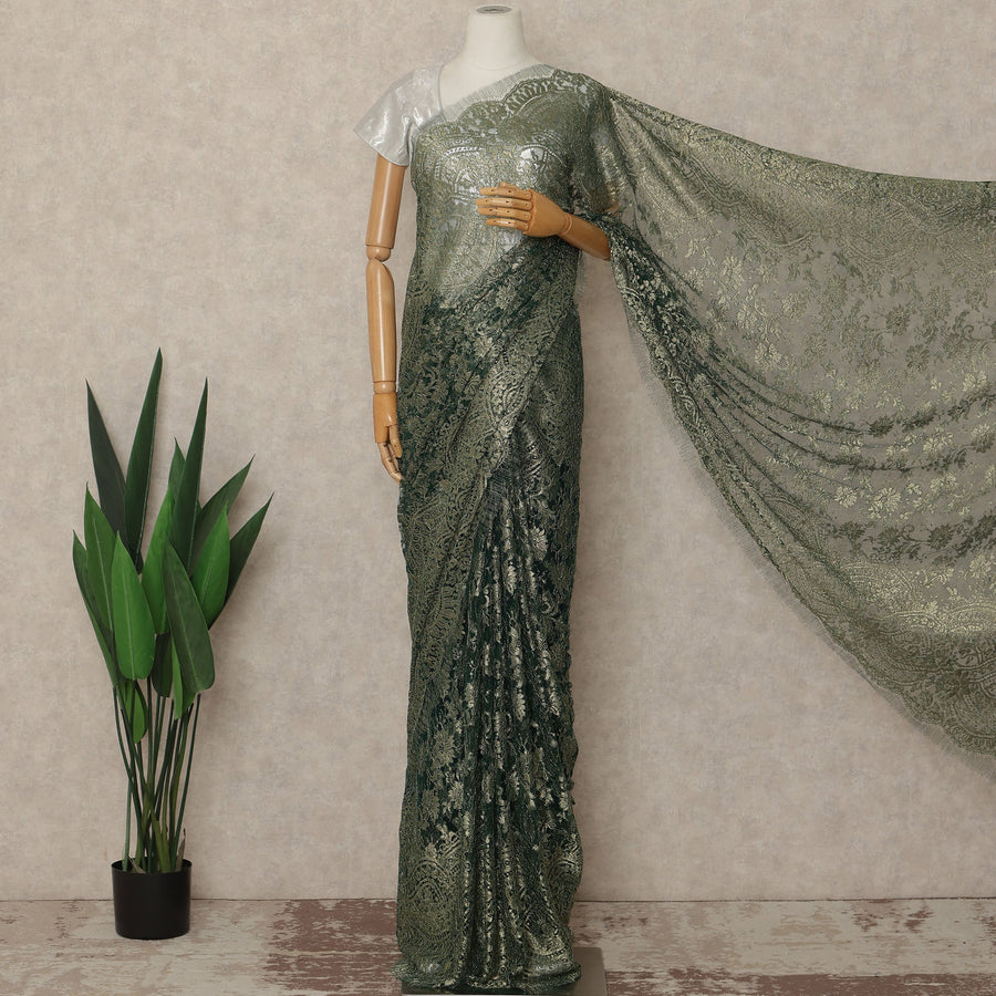 Green Premium French Metallic Chantilly Saree Lace Fabric 110 Cms Width 5.5 Meters Piece Elegant Floral Net Lace From France For Designer Sarees And Couture Draping-D27670
