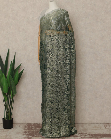 Green Premium French Metallic Chantilly Saree Lace Fabric 110 Cms Width 5.5 Meters Piece Elegant Floral Net Lace From France For Designer Sarees And Couture Draping-D27670