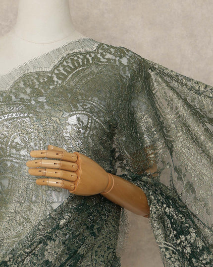 Green Premium French Metallic Chantilly Saree Lace Fabric 110 Cms Width 5.5 Meters Piece Elegant Floral Net Lace From France For Designer Sarees And Couture Draping-D27670