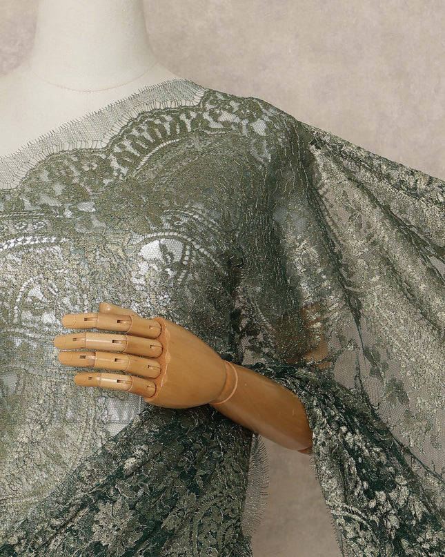 Green Premium French Metallic Chantilly Saree Lace Fabric 110 Cms Width 5.5 Meters Piece Elegant Floral Net Lace From France For Designer Sarees And Couture Draping-D27670