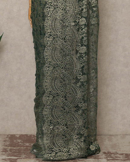 Green Premium French Metallic Chantilly Saree Lace Fabric 110 Cms Width 5.5 Meters Piece Elegant Floral Net Lace From France For Designer Sarees And Couture Draping-D27670