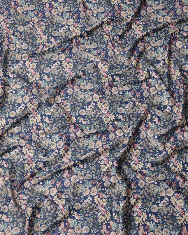 Navy Blue Floral Print Pure Cotton Satin Fabric, 140 Cms Width, Made in India-D26034