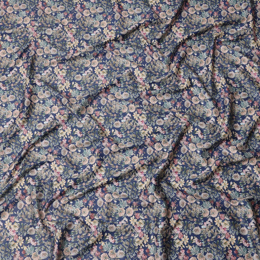 Navy Blue Floral Print Pure Cotton Satin Fabric, 140 Cms Width, Made in India-D26034