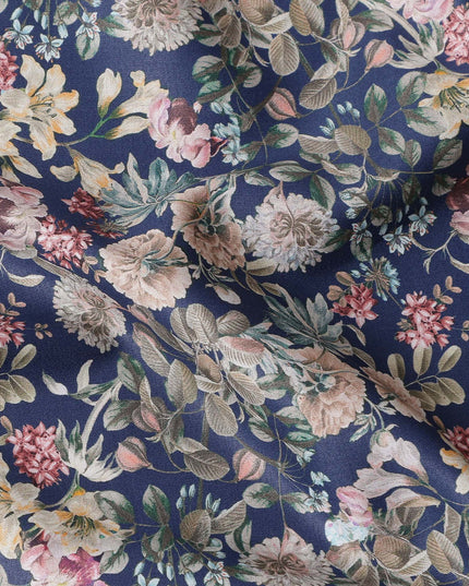 Navy Blue Floral Printed Cotton Lawn Fabric Soft Lightweight Dressmaking Sewing Material 4.0 Meters Length 110 Cms Width India-D27641