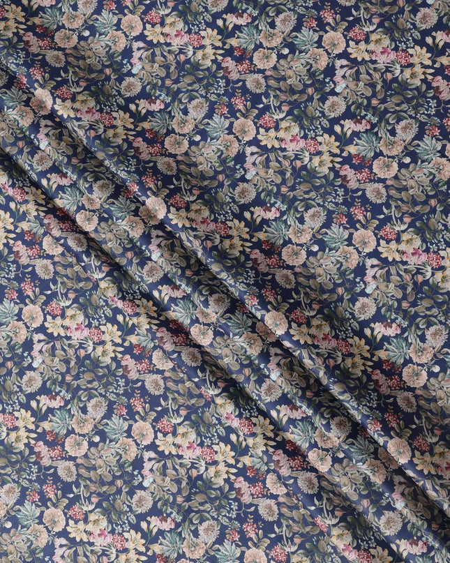 Navy Blue Floral Print Pure Cotton Satin Fabric, 140 Cms Width, Made in India-D26034