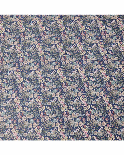 Navy Blue Floral Print Pure Cotton Satin Fabric, 140 Cms Width, Made in India-D26034