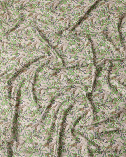 Beige and Green Leaf Print Pure Cotton Satin Fabric, 140 Cms Width, Made in India-D26031