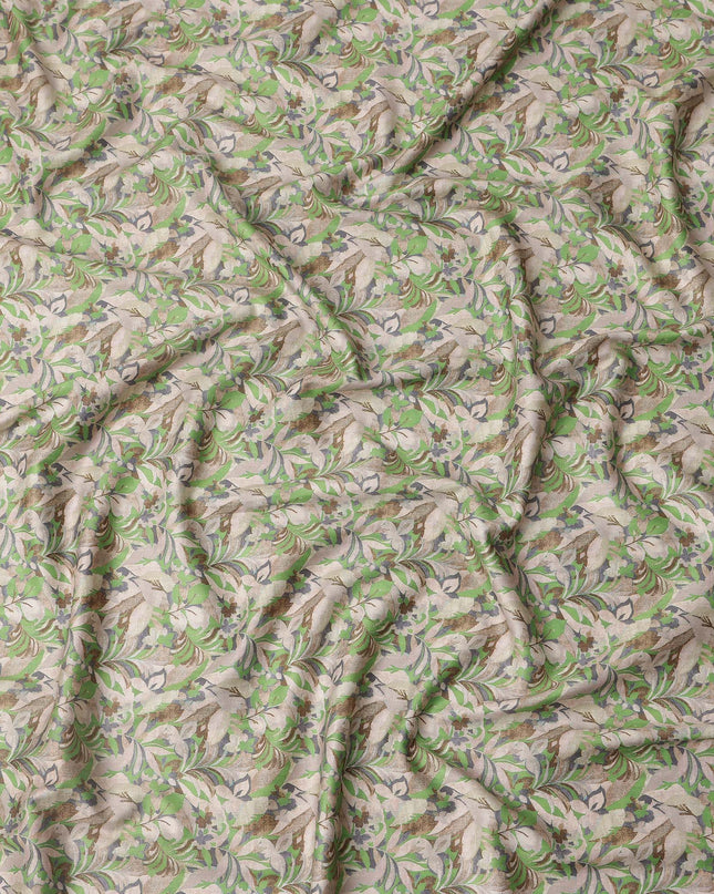 Beige and Green Leaf Print Pure Cotton Satin Fabric, 140 Cms Width, Made in India-D26031