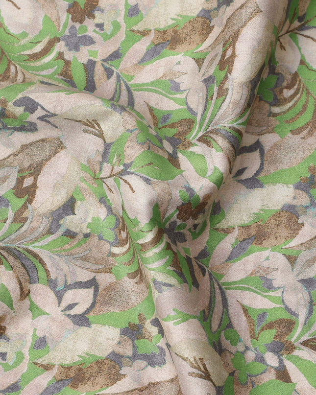Beige and Green Leaf Print Pure Cotton Satin Fabric, 140 Cms Width, Made in India-D26031