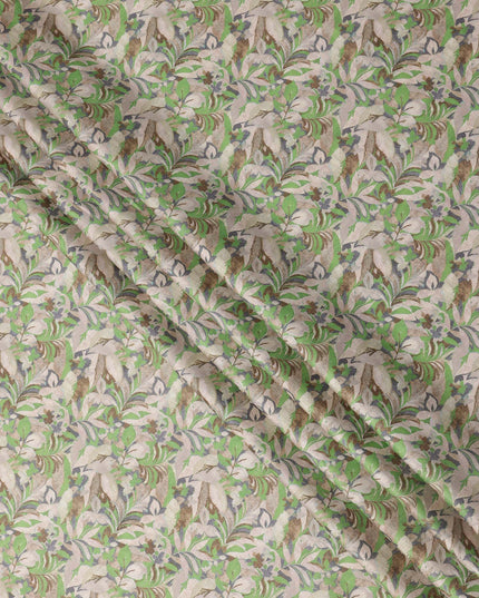 Beige and Green Leaf Print Pure Cotton Satin Fabric, 140 Cms Width, Made in India-D26031