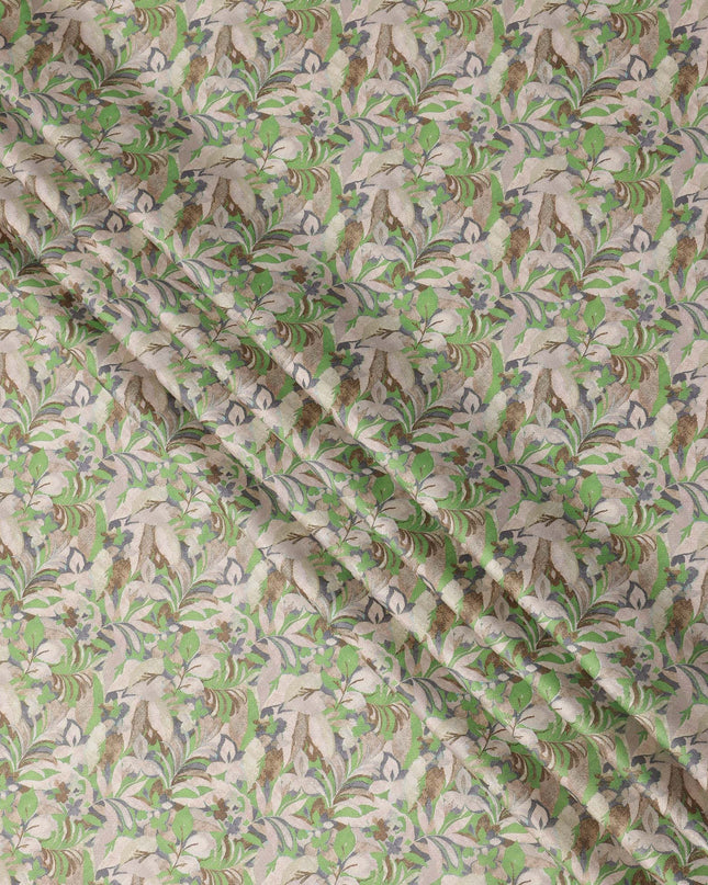 Beige and Green Leaf Print Pure Cotton Satin Fabric, 140 Cms Width, Made in India-D26031