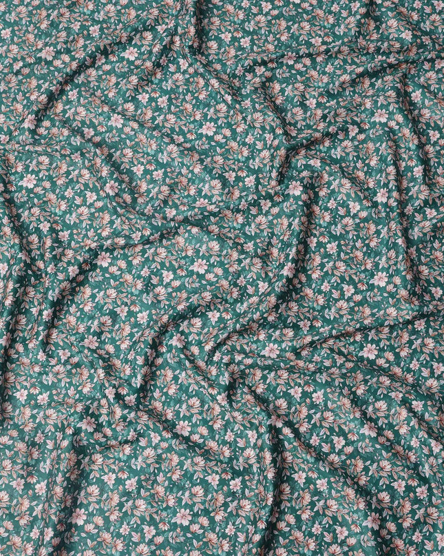 Teal Green Floral Print Pure Cotton Satin Fabric, 140 Cms Width, Made in India-D26032
